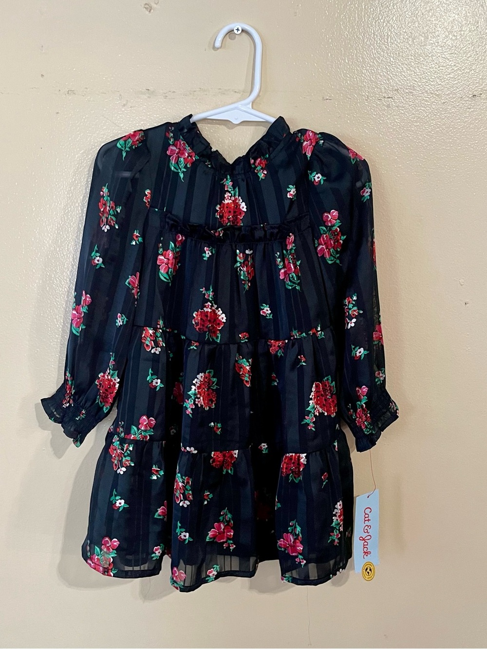Cat & Jack Black Floral Tiered Long-Sleeve Dress - Pink & Red Flowers